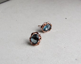 Blue Topaz Rose Gold Stud Earrings, Rose Gold Earrings, Pierced Earrings,Pearl Earrings, Wedding Earrings, Bridal Earrings