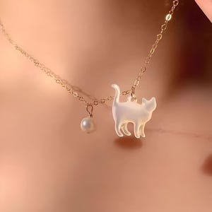 Mother of Pearl Cat Pendant with Gold Chain, mother of pearl kitten charm necklace, Cat Necklace, White Cat Necklace, Black Cat Necklace