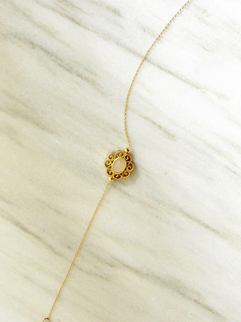 Floral Oval Gold Bracelet with milk glass, Floral Bracelet, Oval Colorstone Bracelet, Gemstone Bracelet image 2