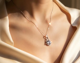 14K Solid White Gold Aquamarin Diamant Anhänger | Natürliche Aquamarin Halskette | In der Erde abgebauter Diamant Halo | März Geburtsstein Geschenk