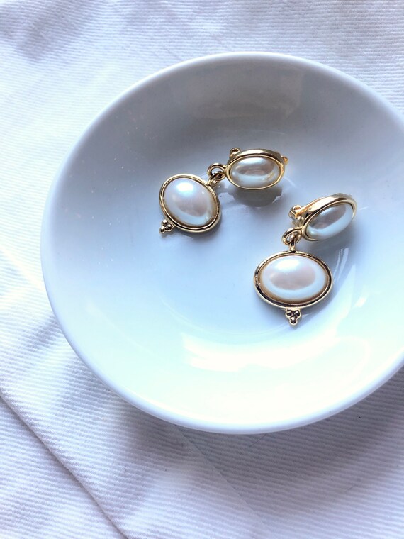 Vintage Pearls Gold Dangle Earrings, drop earring… - image 3