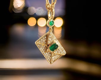 18K Solid Gold Emerald Diamond Envelope Pendant – Custom Engraved Love Letter Necklace,Gift for Her, Anniversary Jewelry, Personalized