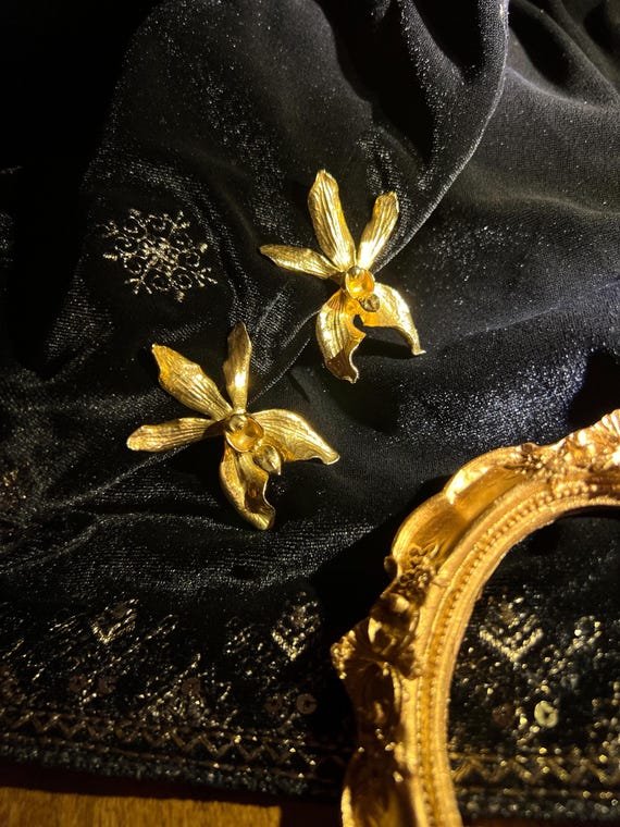 Gold Orchid Flower Statement Earrings, Clip On Earrings, Floral Earrings, Vintage Gold Earrings, Wedding Earrings, Statement Earrings