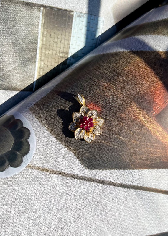 Ruby and Diamond Flower 18K Solid Gold Pendant wi… - image 10
