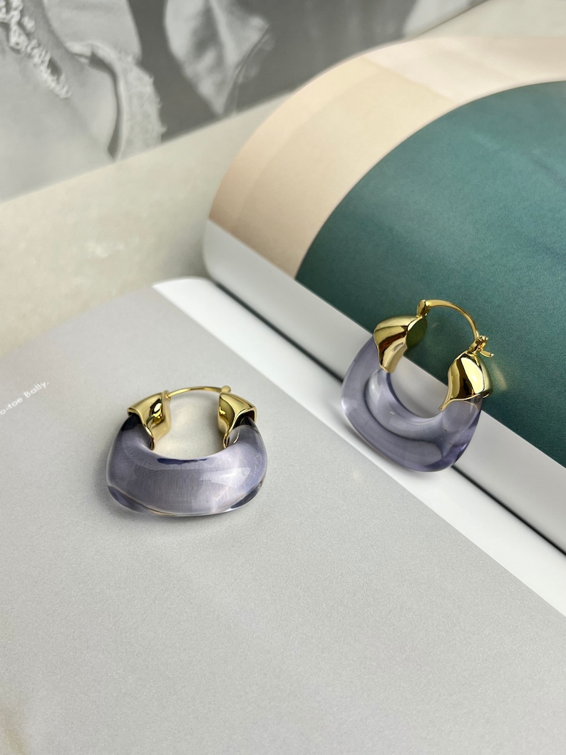 Translucent Lavender Purple Resin Gold Hoop Earrings, Gold Earrings, Pierced Earrings, Resin Earrings, Purple Hoops, Wedding Earrings image 3