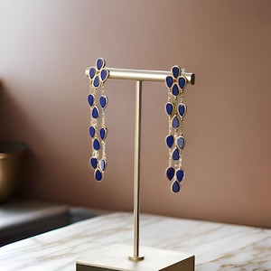 Lapis Lazuli Teardrop Tassel 18K Gold Earrings - Bold Vintage Blue Stone Dangle Earrings for Women, Natural Lapis Lazuli Earrings