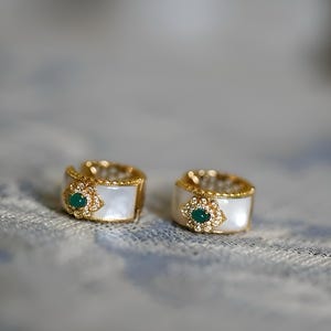 French Small-Batch Artisanal Earrings with Green Jade and Mother of Pearl in Gold, Statement hoop Earrings, gold hoops,