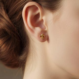 K&ouml;nnte beinhalten: Ein goldfarbener Ohrstecker in Form einer Fleur-de-Lis ist an einem Ohr zu sehen. Der Ohrring ist klein und detailliert, mit einem klassischen dreibl&auml;ttrigen Design. Der Hintergrund ist unscharf, wodurch der Fokus auf dem Schmuck liegt.