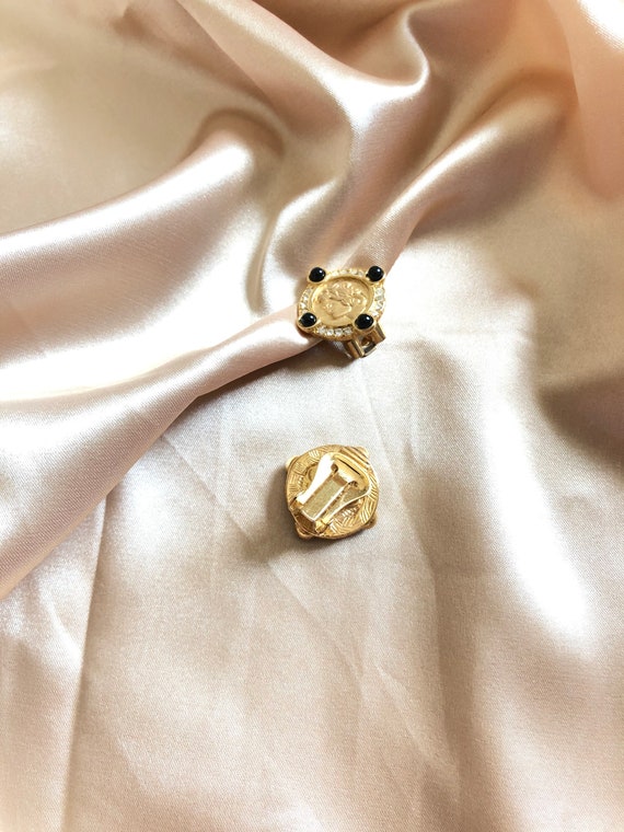 Medallion Black Crystals Gold Earrings, Vintage G… - image 4