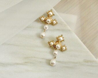 Vintage Byzantine Cross Pearl Drop Earrings in Gold