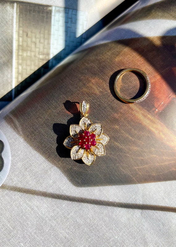 Ruby and Diamond Flower 18K Solid Gold Pendant wi… - image 9