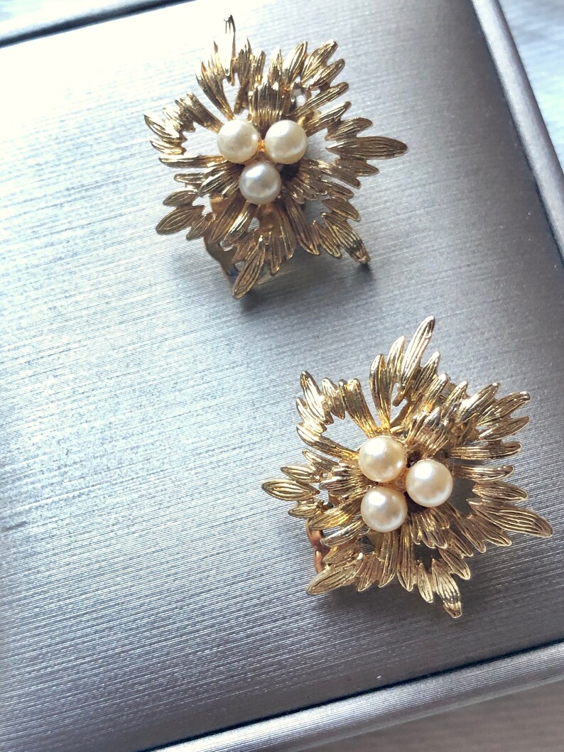 Wedding Earrings Cluster Earrings Vintage Jewelry Blossom Pearl Gold Clip On Earrings Vintage Pearl Earrings Wedding Jewelry