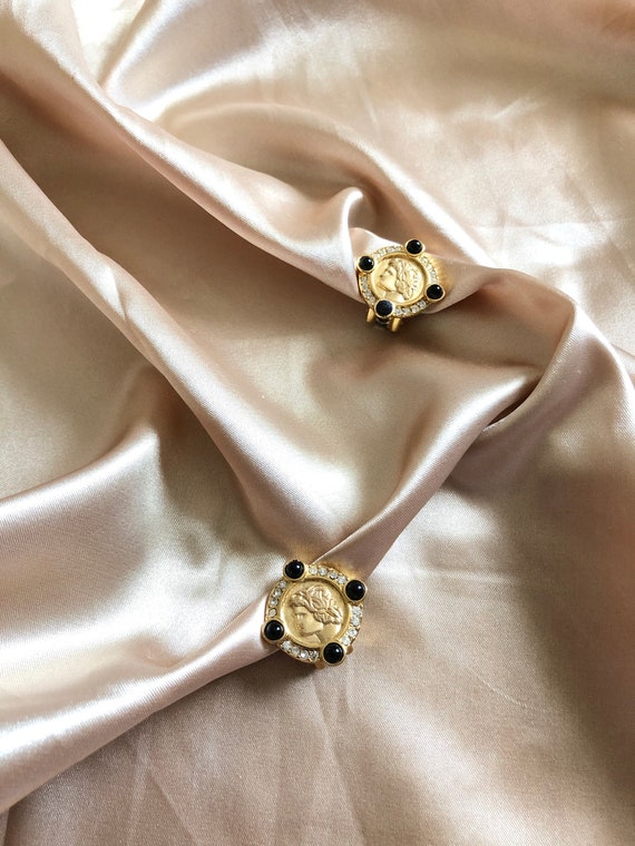 Medallion Black Crystals Gold Earrings, Vintage G… - image 2