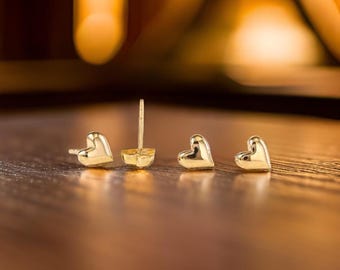 18K Solid Gold Heart Stud Earrings | Minimalist AU750 Stamped Earrings | Petite & Lightweight Everyday Jewelry Gift for her, dainty earrings