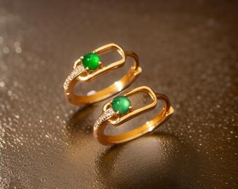 18K Solid Gold Natural Green Jadeite Jade Small Hoop Earrings with Diamonds, Small Jade Hoops, Green Jade Earrings, small gold hoops, gift