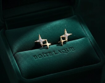 Shimmery Star Diamond Stud Earrings in 9K Solid Gold | Dainty Sparkle Everyday Earrings | Quiet Luxury Gift for Her | Screw Back Star Studs