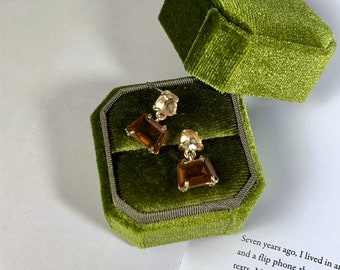 Trapezoid Smoky Quartz Citrine Crystal Earrings, Gold Earrings, Pierced Earrings,Stud Earrings,Wedding Earrings,Brown Earrings,Glass Earri