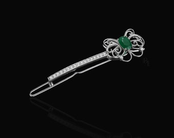 Emerald Bow 14k White Gold Hair Pin with Set of Signature Silver Bobby Pins, Hair Jewelry, Wedding Hair Pin, Emerald Hair Accessories