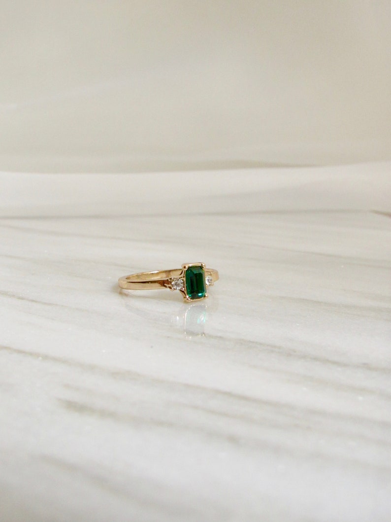 Baguette Green Gem Solitaire Ring, Gold Ring, Promise Ring, Engagement Ring, Green Ring, Side Stone Ring, Wedding Ring, Modern Ring image 5