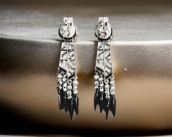 Vintage French-Inspired Small-Batch Artisanal Earrings, Art Deco Earrings, Black Crystal Drop Earrings, 1920s Statement Earrings