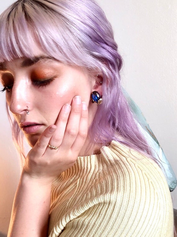 Purple Glass Gold Clip On Earrings, Vintage Gold E