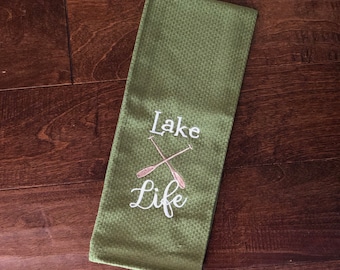 Lake Life,  Embroidered Lake House, Boat Oars Kitchen Towel, Tea Towel