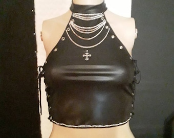 faux leather lace up rhinestone halter