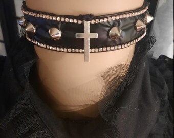 rhinestone cross studded collar with button closure by Moon in Machine