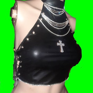 Rhinestone drip crucifix pleather side tie halter