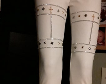 goddess leggings with cross and rhinestone garter design