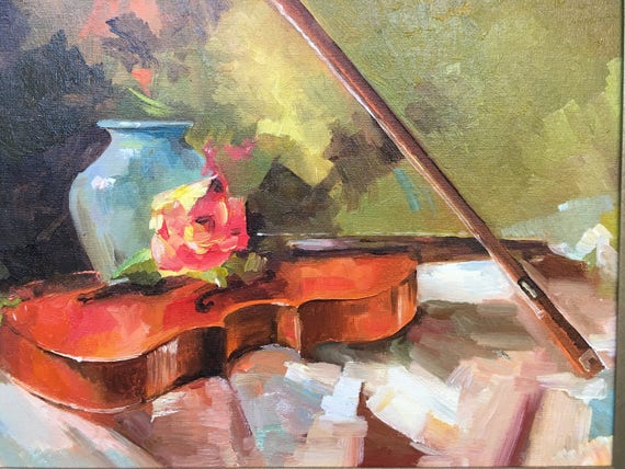Violin Original Oil Painting Vase Forgotten melody