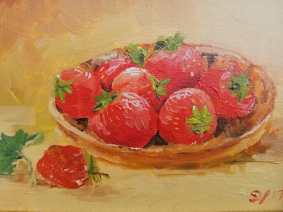 Basket of Strawberries Still Life Original Oil Small Painting Art