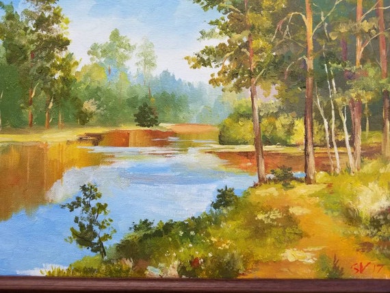 Original Oil painting Forest Lake Tree Landscape Dining Room Path