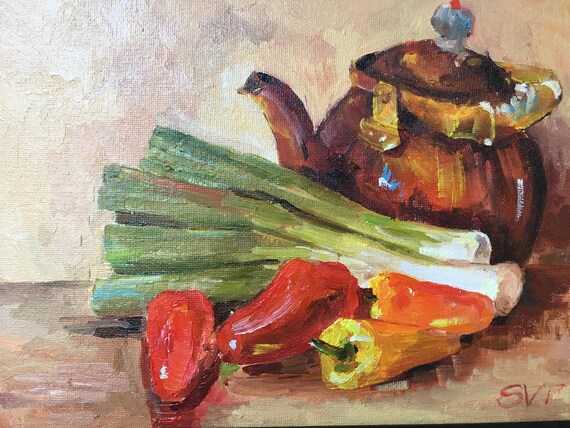 Veggie and Kettle Original Oil Painting Onion Pepper Kitchen Dining Room Art