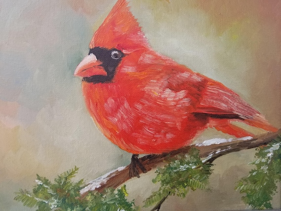 Original Oil Painting Portrait Bird Cardinal Small Art