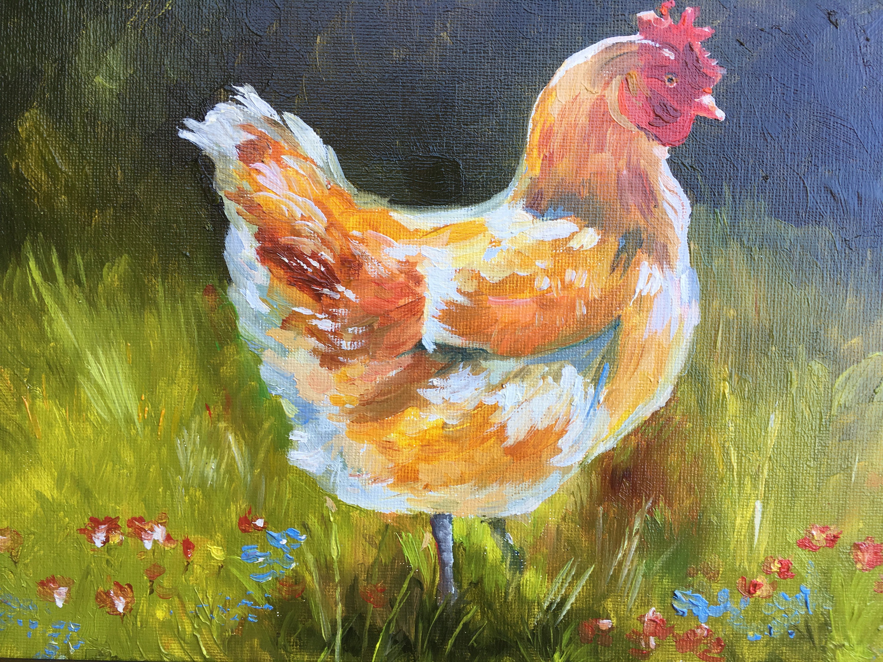 Hen Original Oil Painting Field