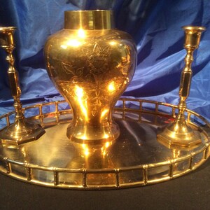 Brass Tray, Candlestick Pair, and Incised Vase - Decorative Items