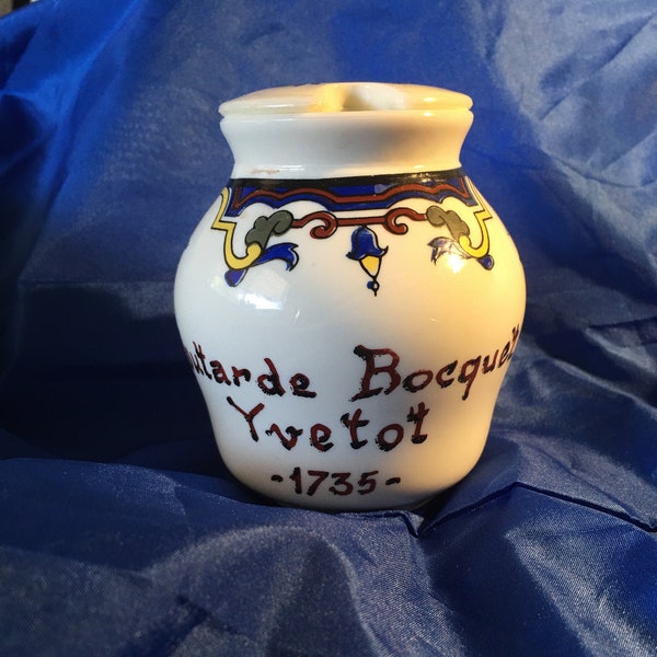 Vintage French Moutarde Bocquet Yvetot 1735 Milk Glass mustard jar with lid