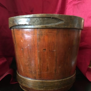 Wooden Stave Finger Jointed Bucket w/Original Red Interior