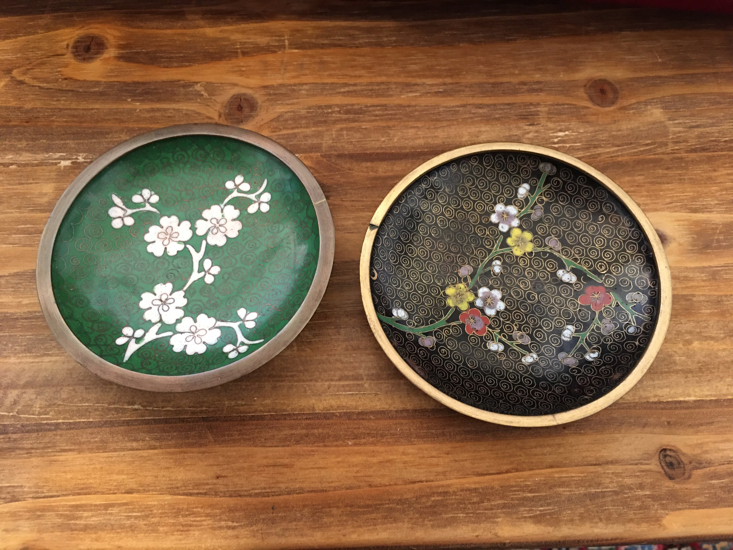 中国七宝 雑貨 灰皿 靴型 ペア ヴィンテージ中国七宝焼き皿：花模様の