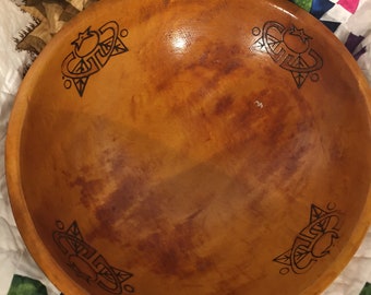 13" Wooden Bowl with Pyrographic Symbols