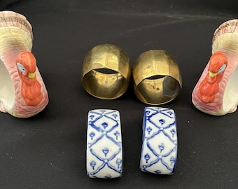 Mid-Century Napkin Rings - Otagiri Turkey, Hand-Painted Ceramic, Brass - Sets of 2