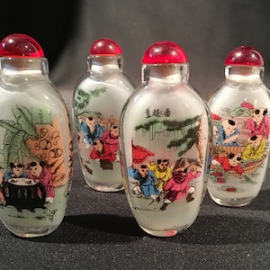 Reverse Painted Chinese Perfume Bottle: Frosted Glass with Red Stopper