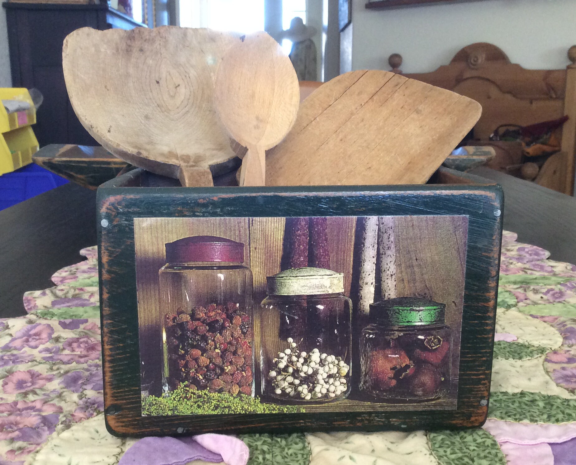 Vintage Wood Kitchen Utensil Set: Box, Butter Paddles & Spanish Spoon