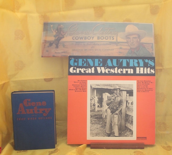 Vintage Gene Autry Archive - Cowboy Boot Box Label, The Thief River Outlaws, Book, Vinyl Greatest Cowboy Hits, and Poster
