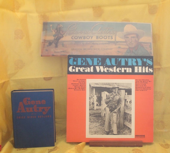 Vintage Gene Autry Archive - Cowboy Boot Box Label, The Thief River Outlaws, Book, Vinyl Greatest Cowboy Hits, and Poster