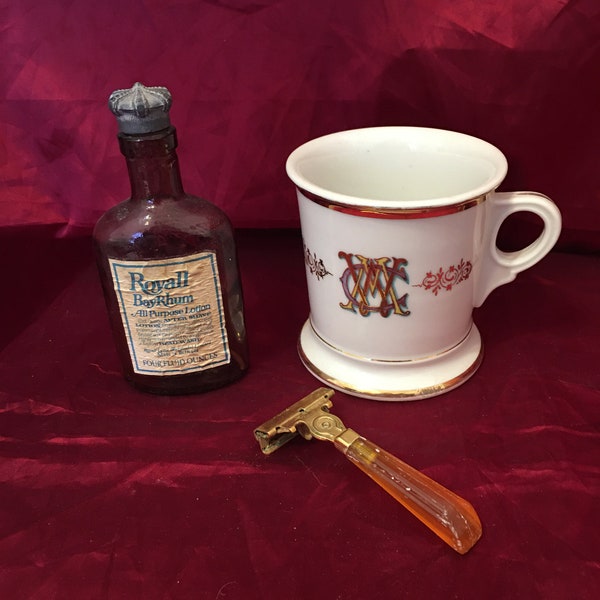 Men's Shaving Items - Antique Mug, Razor, and Shaving Lotion - Vintage Schick, Limoges, and Bay Rhum