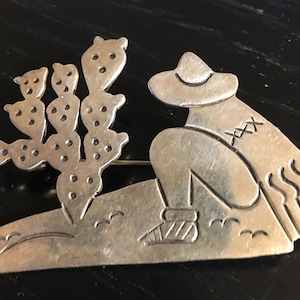 Taxco Sterling Silver Lapel Pin: Mexican Man & Cactus