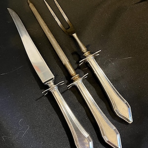 Vintage Sterling Silver Carving Set: 1940s Deco Knife, Fork & Sharpener