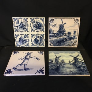 Vintage Delft & Florentine Ceramic Tiles - Set of 4